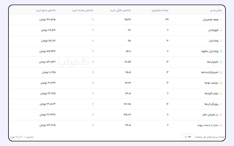 جدول داده‌های مشتریان در مدل RFM در پنل کاربری لژیون